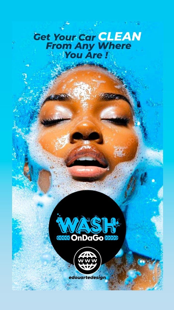 Campaign piece: a face covered in blue foam, headlined “Get Your Car CLEAN From Any Where You Are!” above the Wash OnDaGo logo.