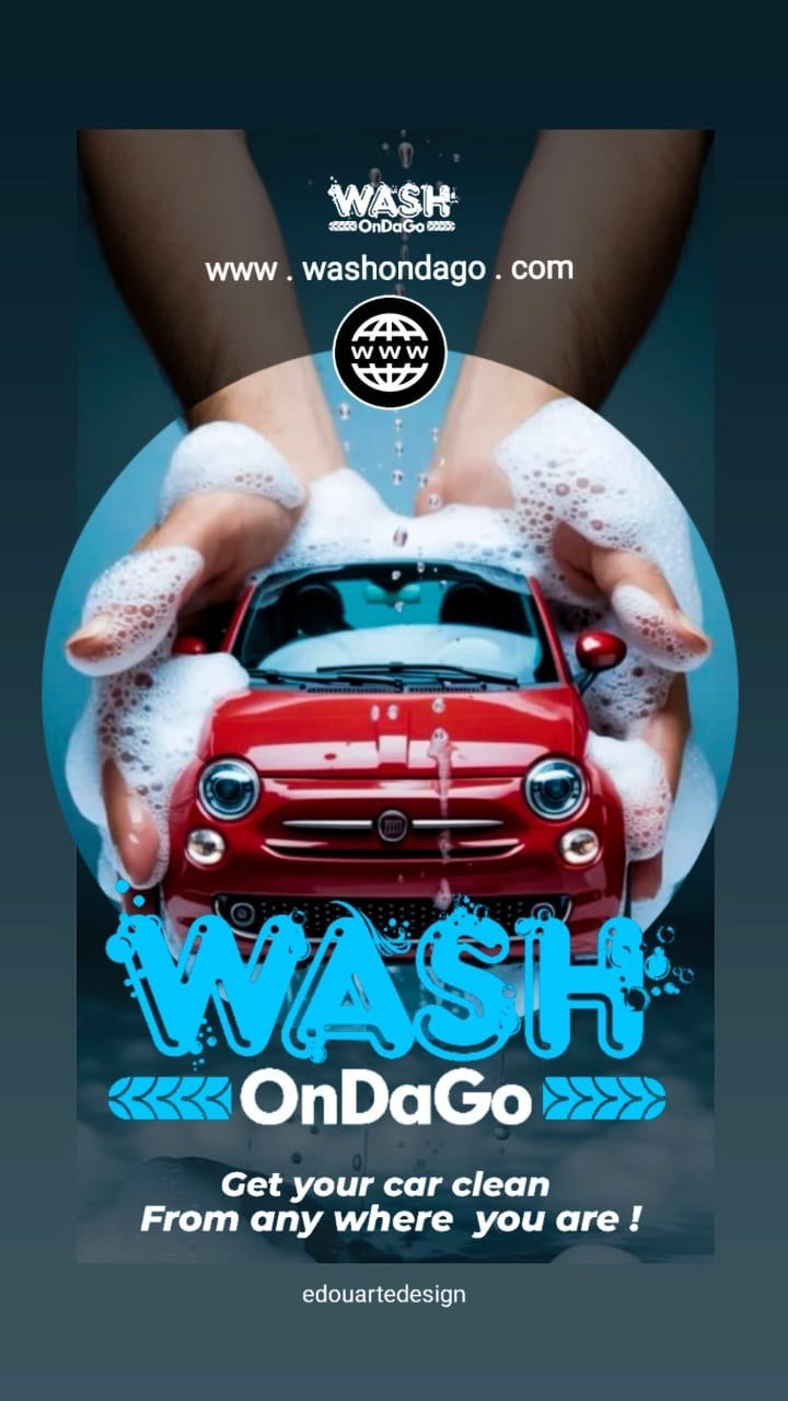 Campaign piece: foam-covered hands cradling a small red car, headlined “Get your car clean from any where you are!” under the Wash OnDaGo logo.
