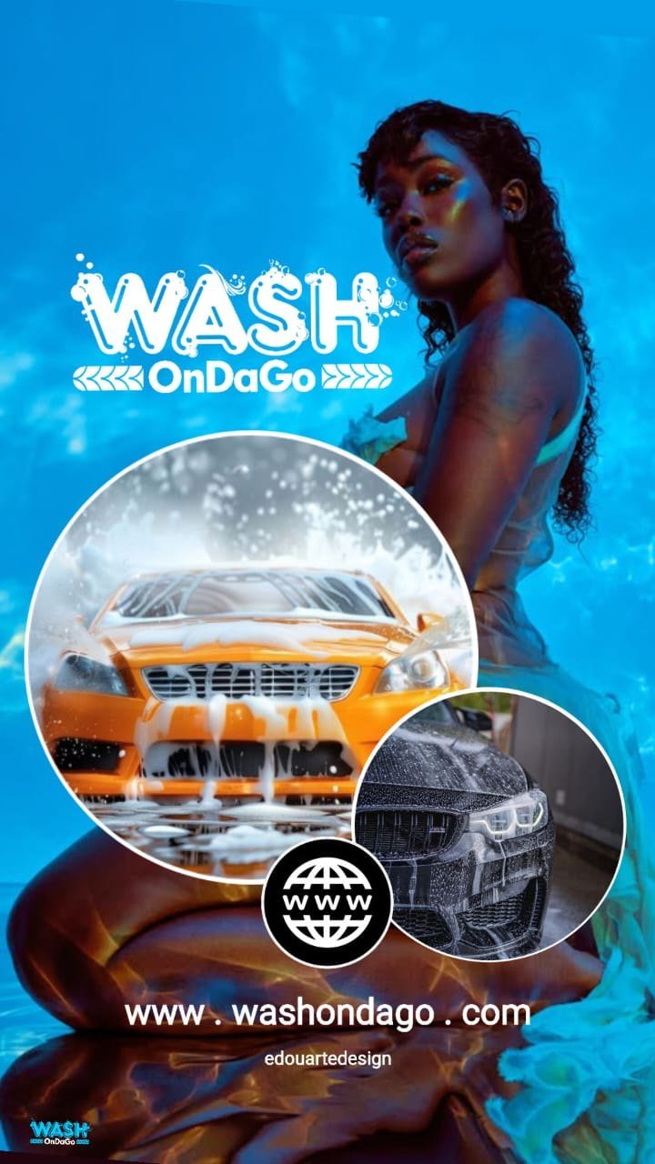 Campaign piece: circular insets of a foamed orange car and a soaped black BMW over a bright blue poolside background, with the Wash OnDaGo logo.
