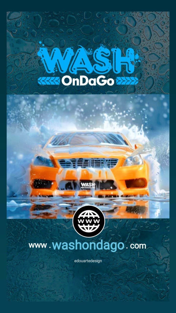 Campaign piece: an orange car being hit with foam and spray, the Wash OnDaGo logo above and washondago.com below.