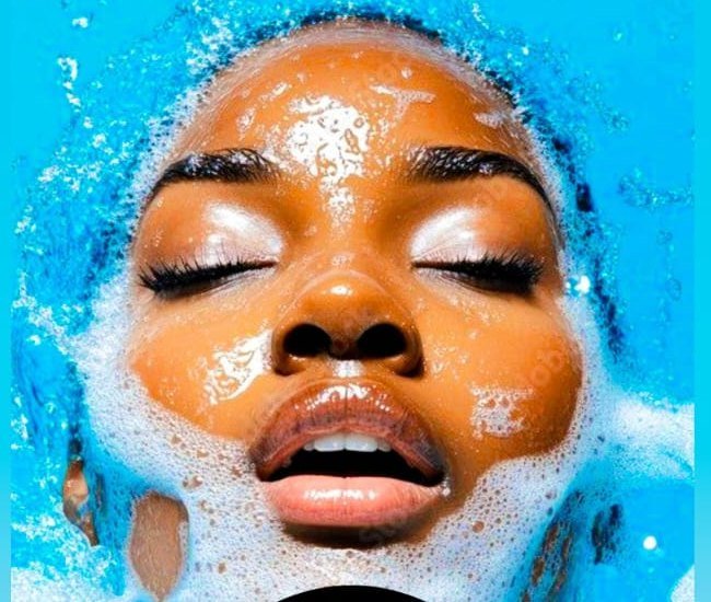 Portrait of a model covered in bright blue wash foam