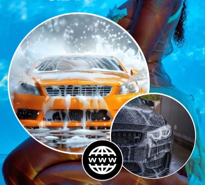 An orange car and a BMW shown in circular insets on a deep blue background